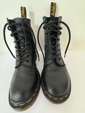 Dr. Martens Pascal Ladies Black Leather Combat Boots Yellow Accent Stitch SZ 6